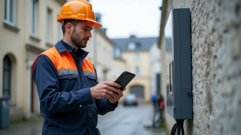 Technicien en train de vérifier une borne de recharge installée à Bar-sur-Seine