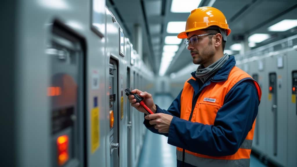 Technicien en train de vérifier une borne électrique à Survilliers