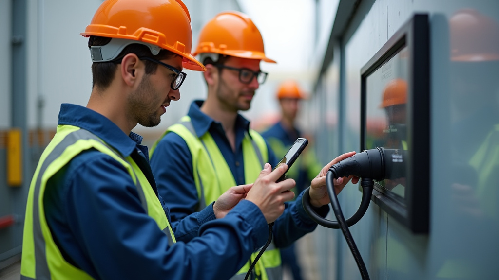 Technicien en train d’installer une borne de recharge à Guégon