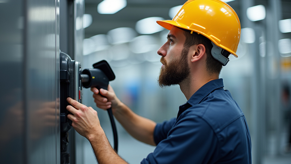 Technicien en train d’installer une borne de recharge à Jarrie
