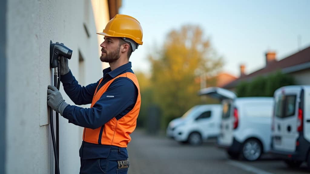 Technicien en train d’installer une borne de recharge électrique à La Ricamarie