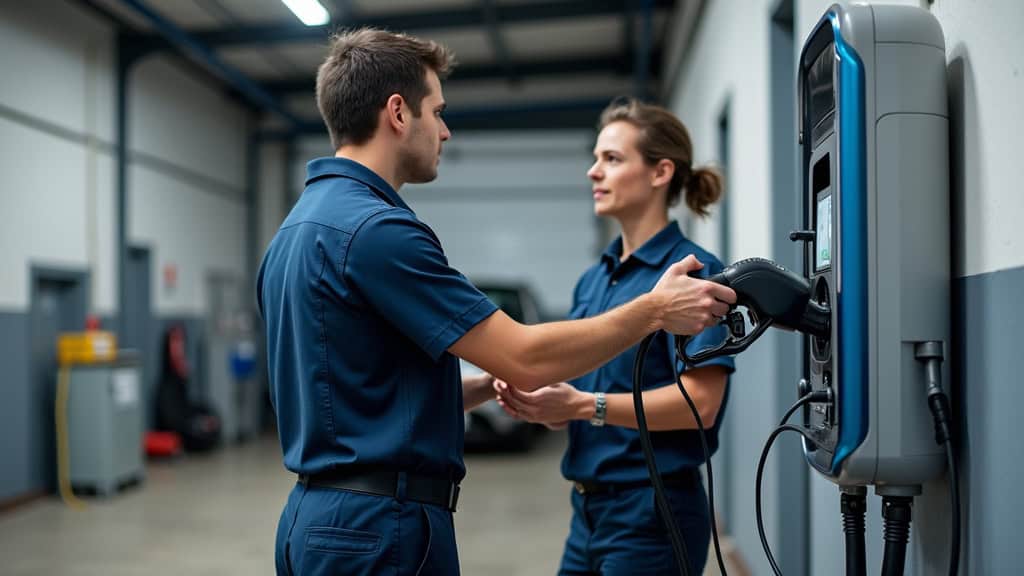 Technicien en uniforme installant une borne de recharge devant un garage à Creys-Mépieu