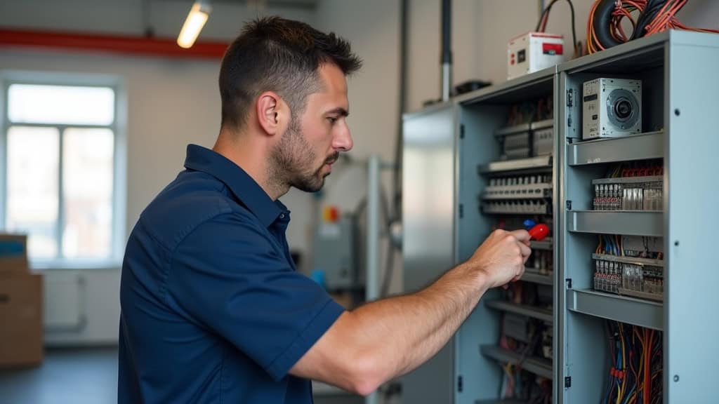 Technicien inspectant un tableau électrique avant installation d