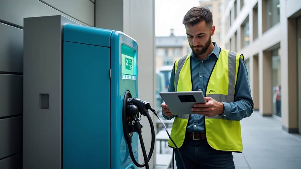 Technicien vérifiant le bon fonctionnement d’une borne de recharge électrique