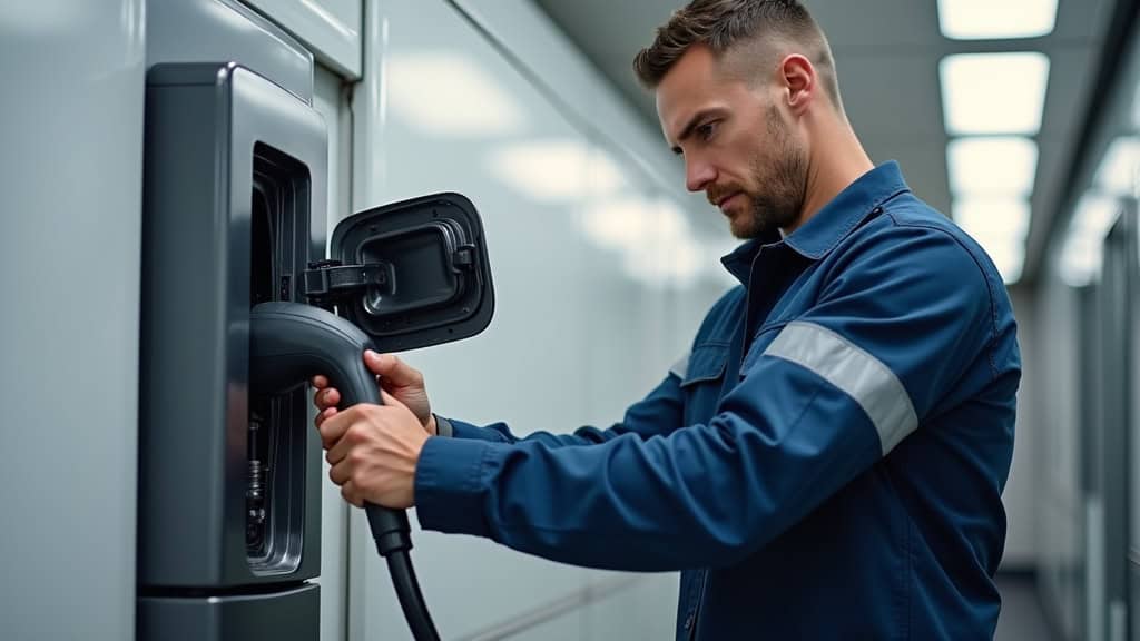 Technicien vérifiant une borne de recharge à Champagne-sur-Seine