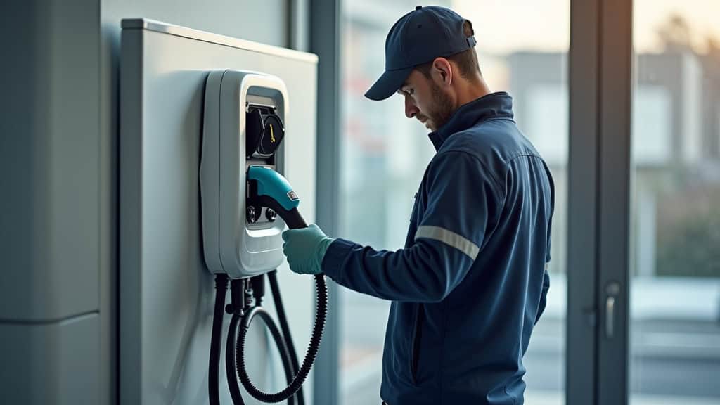Technicien vérifiant une borne de recharge électrique à Sagy