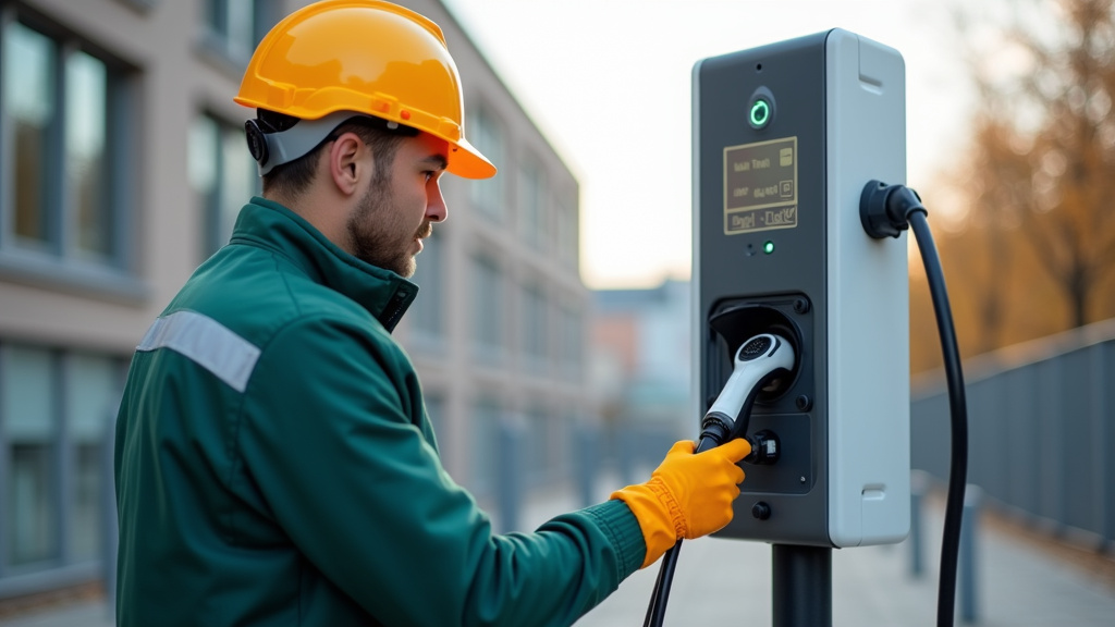 Technicien vérifiant une borne de recharge électrique à Terre-de-Bancalié