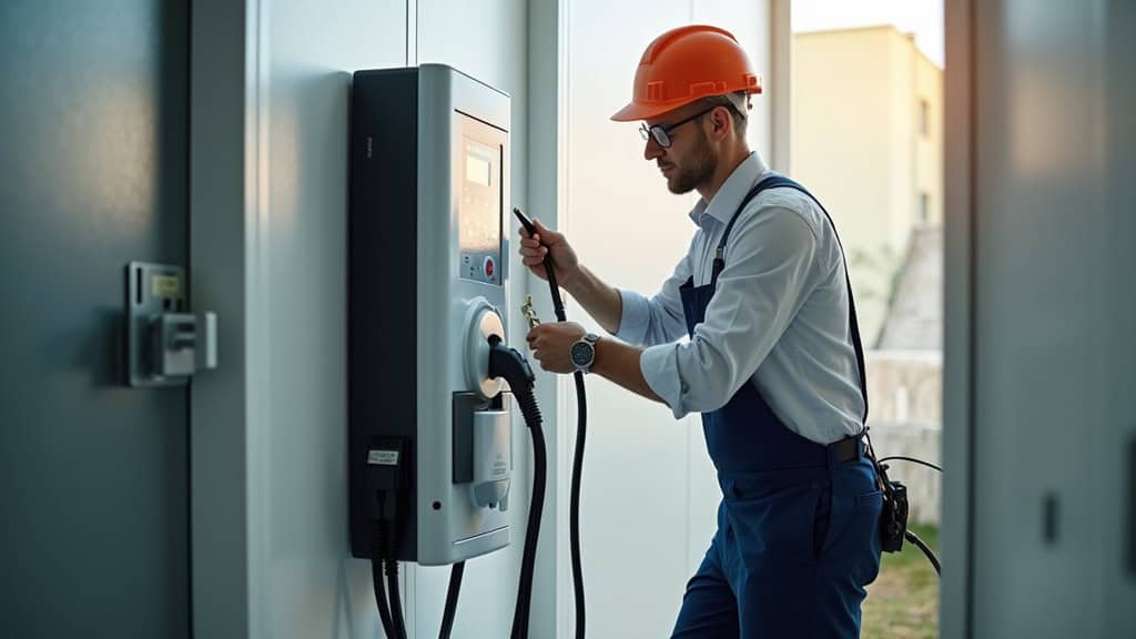 Un électricien certifié IRVE installant une borne de recharge à Pleurtuit