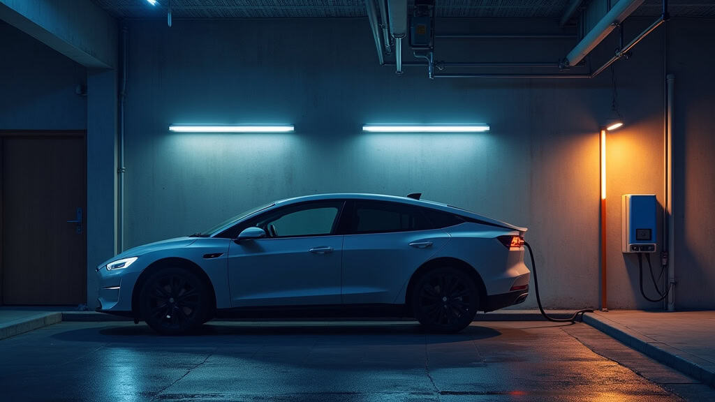 Véhicule électrique en train de se recharger la nuit dans un garage à Le Lude, avec une wallbox allumée