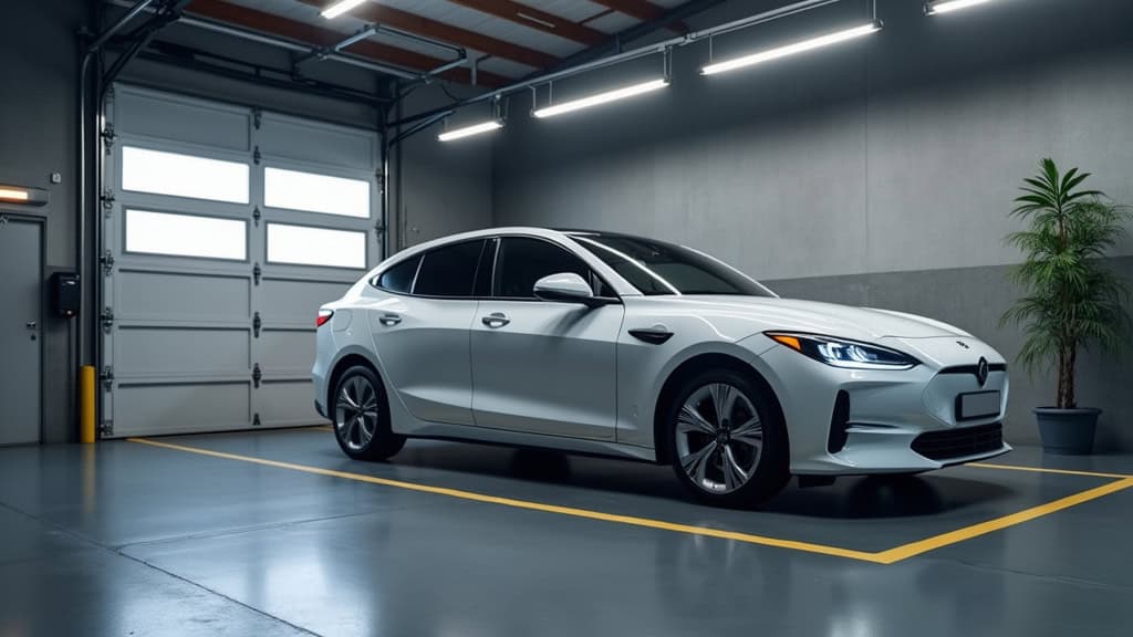 Voiture électrique en charge dans un garage privé à Teillé