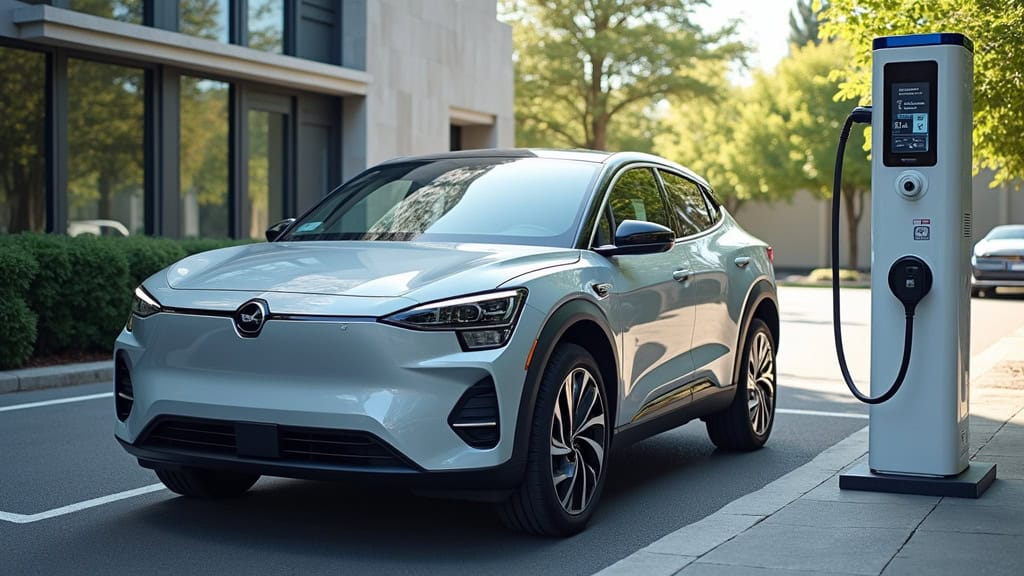 Voiture électrique en stationnement à Jons avec borne de recharge visible