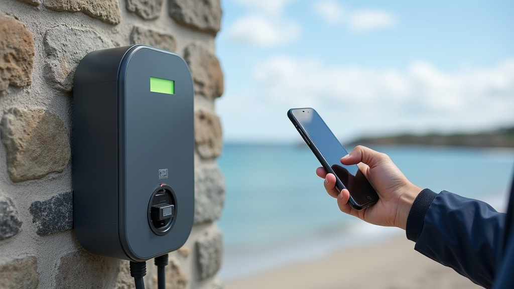 Borne de recharge connectée avec application smartphone affichée à Le Sel-de-Bretagne