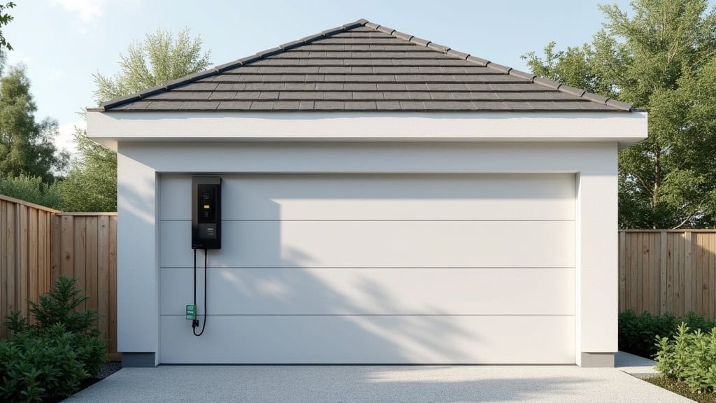 Borne de recharge domestique installée sur un mur de garage à Le Morne-Vert