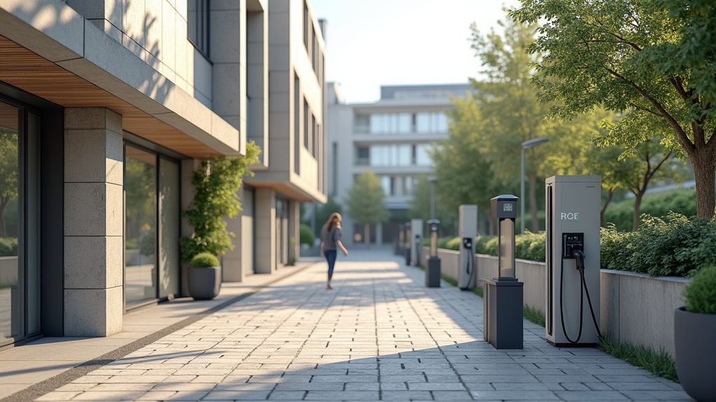 Borne de recharge électrique dans un cadre urbain moderne à La Garnache