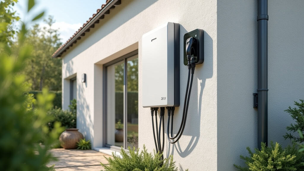 Borne de recharge électrique installée à l’extérieur d’une maison à Saint-Marcel-d’Ardèche