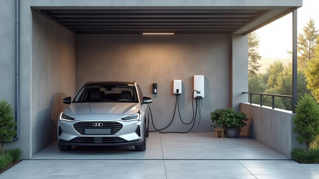 Borne de recharge électrique installée dans un garage à Ban-de-Laveline