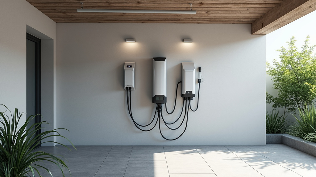 Borne de recharge électrique installée dans un garage privé à Port-Bail-sur-Mer, en fonctionnement avec un câble branché