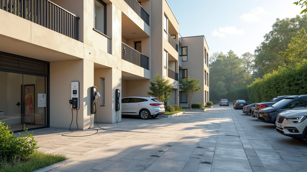 Borne de recharge électrique installée dans un parking de copropriété à Viré