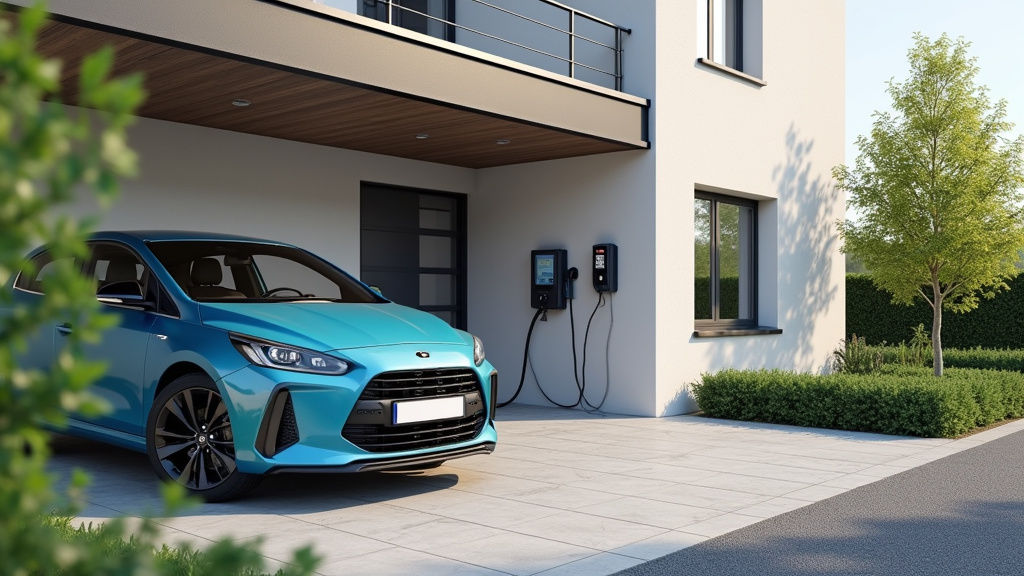 Borne de recharge électrique installée et fonctionnelle devant un garage à Inzinzac-Lochrist