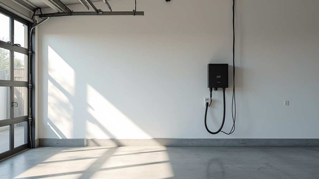 Borne de recharge électrique murale installée dans un garage privé à Beynes, propre et bien intégrée