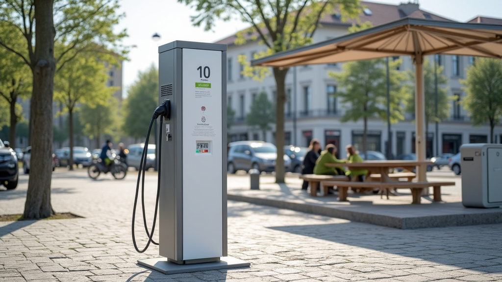 Borne de recharge électrique publique située sur la place du marché à Pujaut