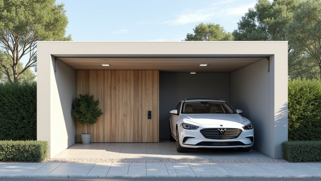 Borne de recharge installée dans un garage extérieur à Le Bailleul, protégée des intempéries