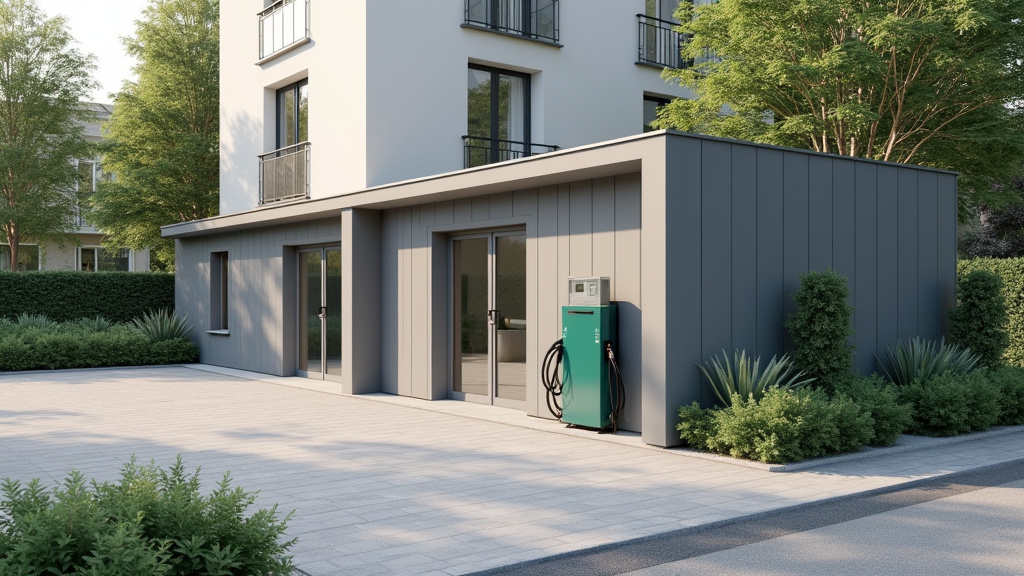 Borne de recharge installée dans un parking de copropriété à l’extérieur