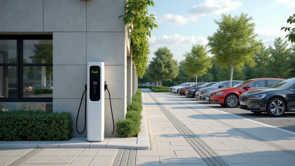 Borne de recharge Powerdot installée sur le parking de l