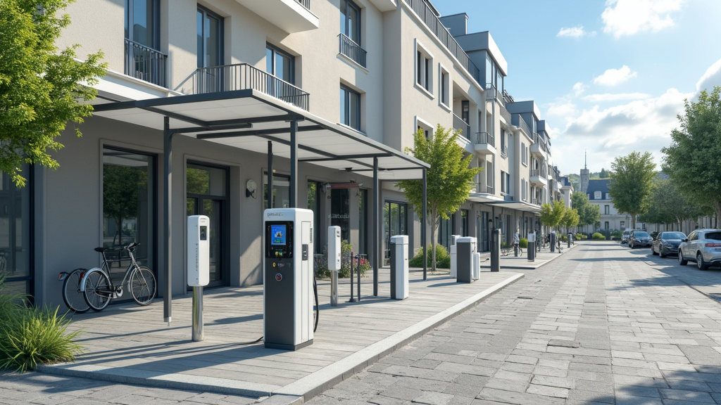 Borne de recharge publique installée sur la place Charles de Gaulle à Couchey