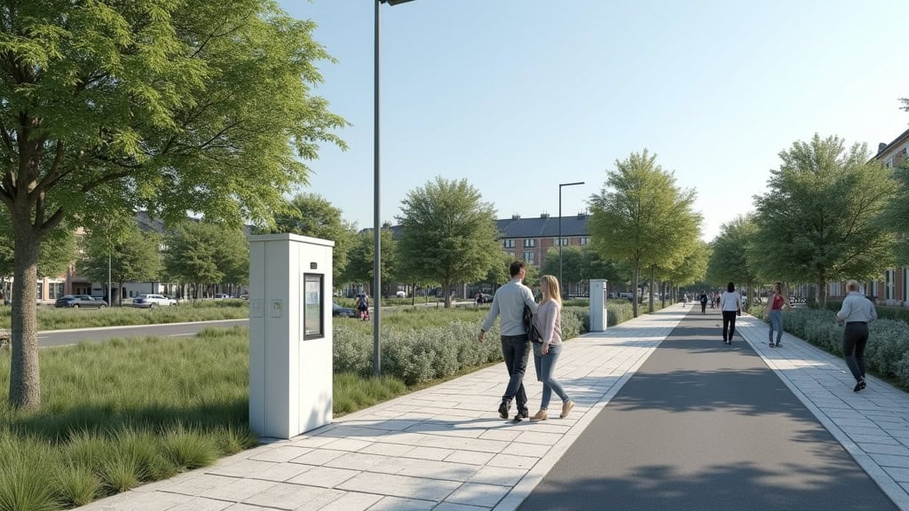 Borne de recharge publique IRVE sur la place du Lavoir à Éveux