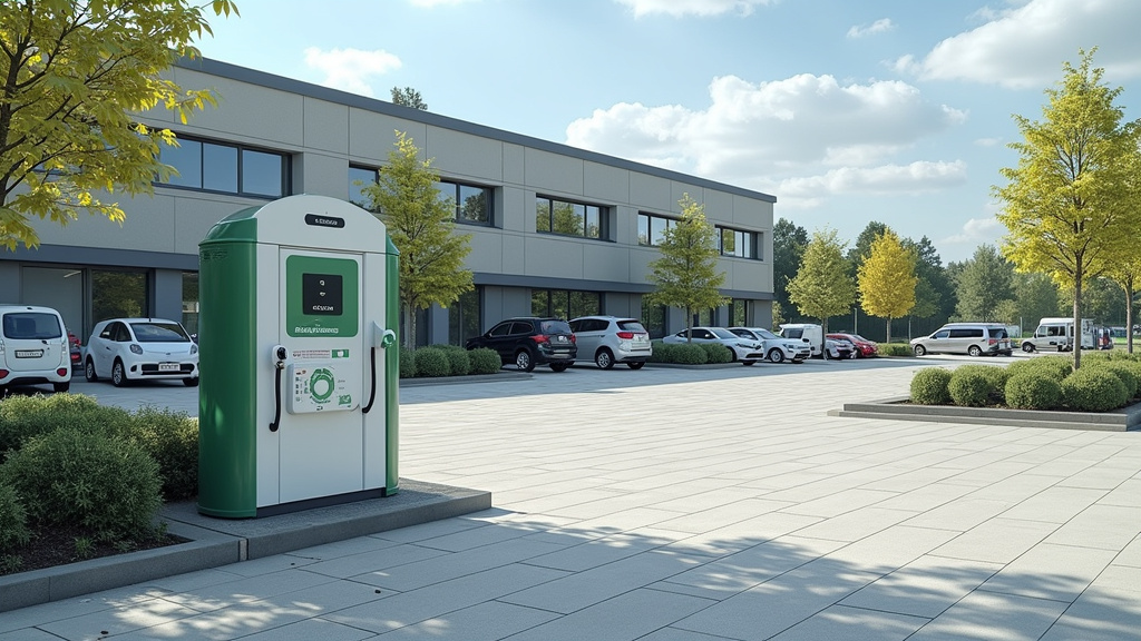 Borne de recharge publique située sur le parking d’une mairie à Vald