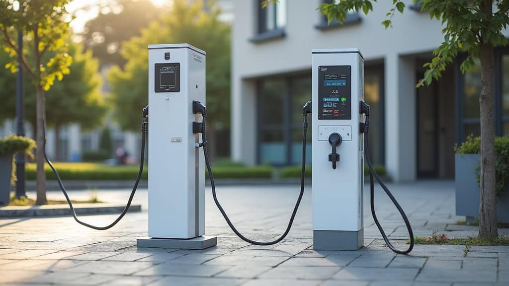 Borne de recharge publique située sur le Square Sainte-Agnès, équipée de connecteurs Type 2 et domestique