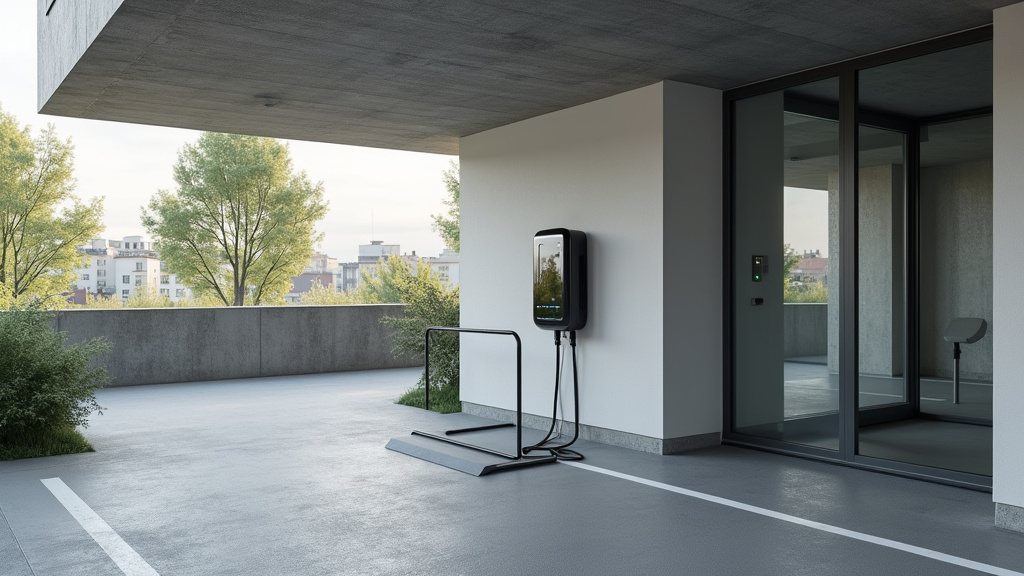 Borne électrique installée dans un parking de copropriété à Rue