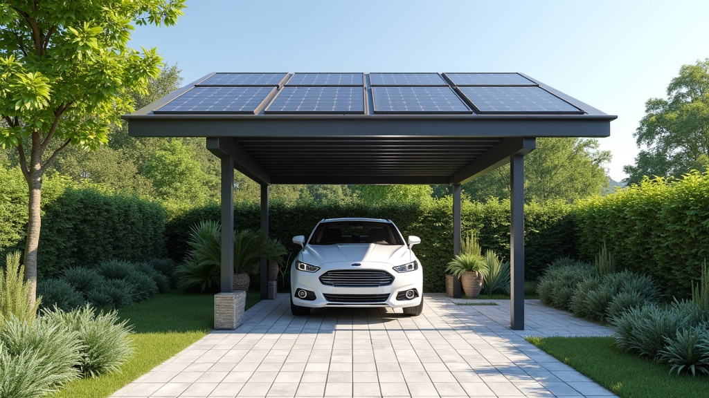 Borne électrique installée sous un carport solaire dans un jardin