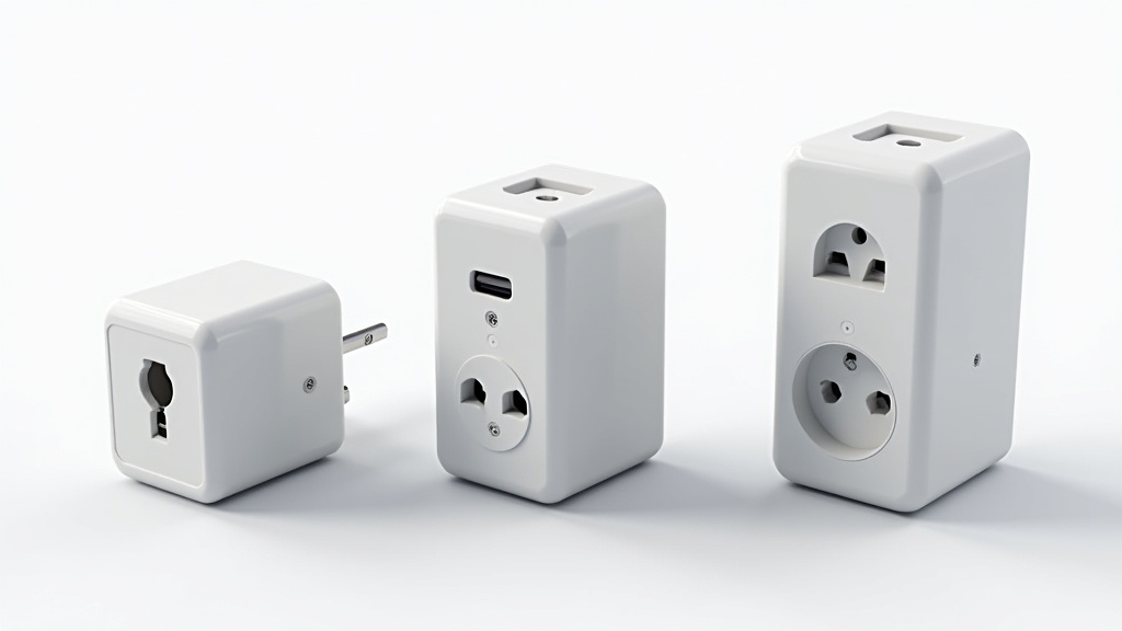 Comparaison visuelle des différents types de bornes de recharge : monophasée, triphasée, prise renforcée