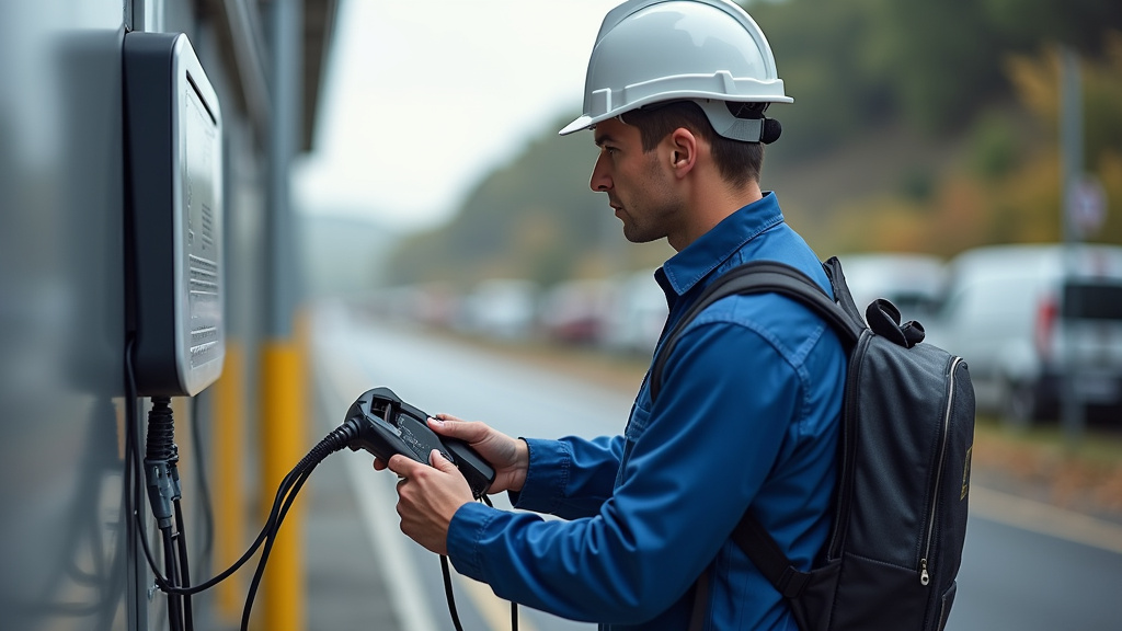 Électricien en train de poser une borne de recharge à Lussant