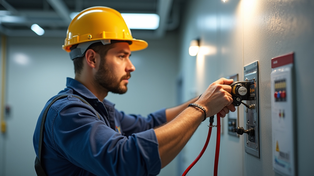 Électricien en train de vérifier le tableau électrique pour l