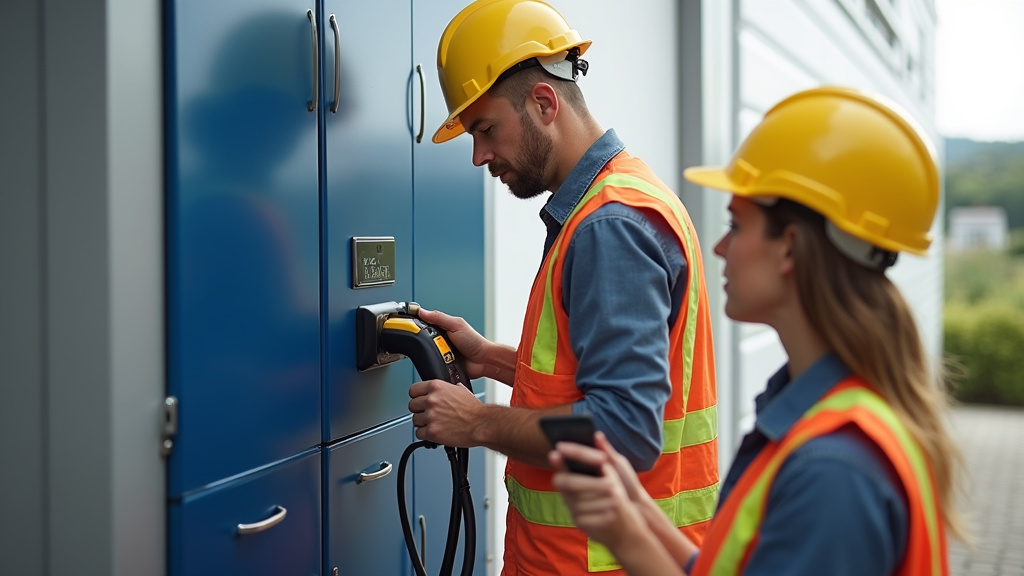 Électricien en train d’installer une borne de recharge à Camps-la-Source