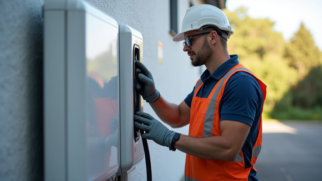 Électricien en train d’installer une borne de recharge à Jasseron