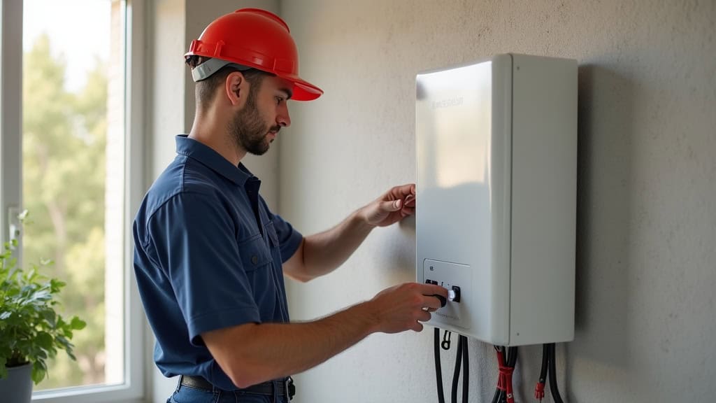 Électricien en train d’installer une borne de recharge dans une maison à Sergines