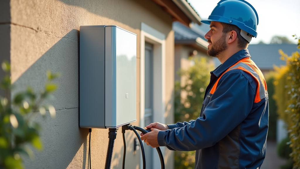 Électricien en train d’installer une borne de recharge devant une maison à Le Molay-Littry