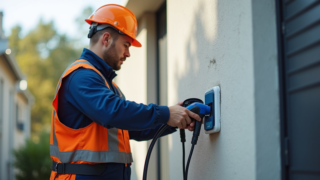 Électricien en train d’installer une borne de recharge électrique à Largentière