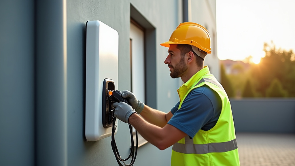 Électricien en train d’installer une borne de recharge électrique à Maureillas-las-Illas