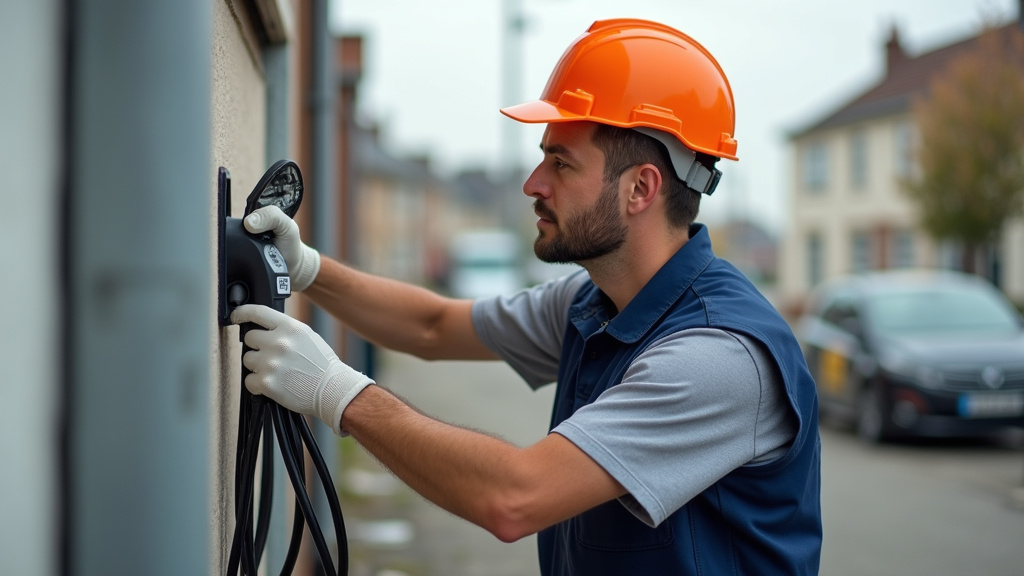 Électricien en train d’installer une borne de recharge électrique à Thorigny-sur-Marne