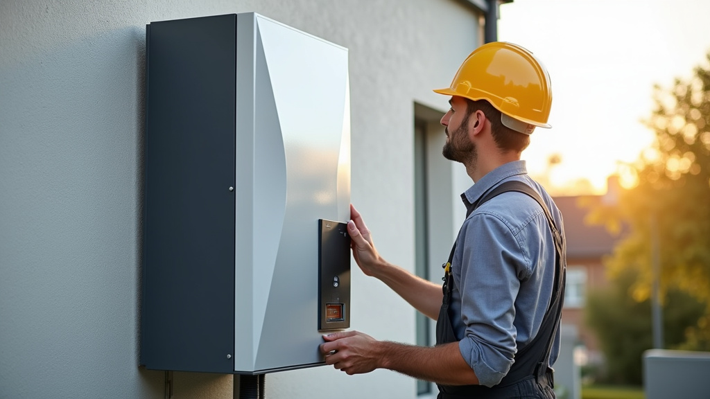 Électricien en train d’installer une borne de recharge sur un mur extérieur à Saint-Fiacre-sur-Maine