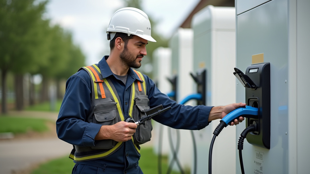 Électricien installant une borne de recharge électrique à Chauffailles