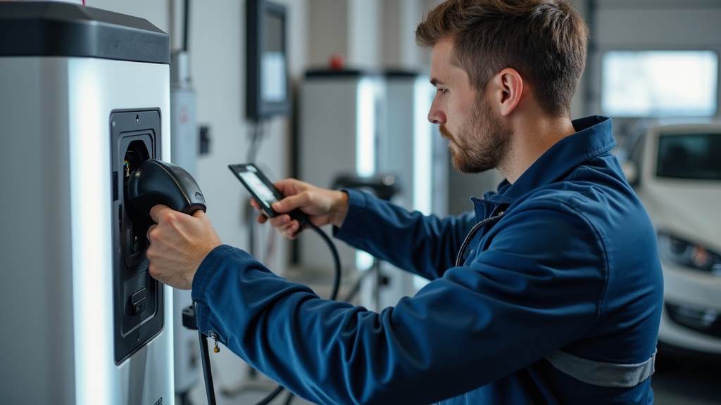 Électricien IRVE en train d’installer une borne de recharge dans un garage à Bessières