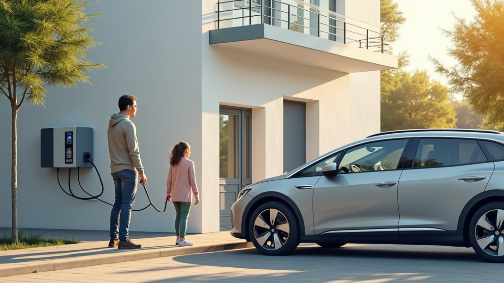 Famille en train de charger son véhicule électrique avec une borne murale à domicile
