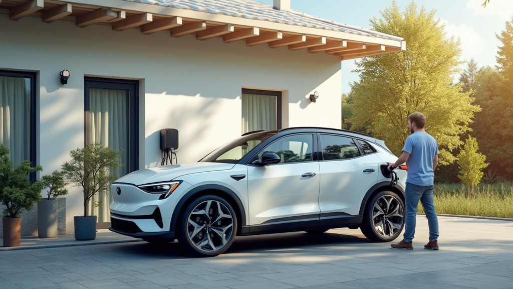 Famille rechargeant sa voiture électrique avec une borne mural à domicile à Beauregard-Vendon