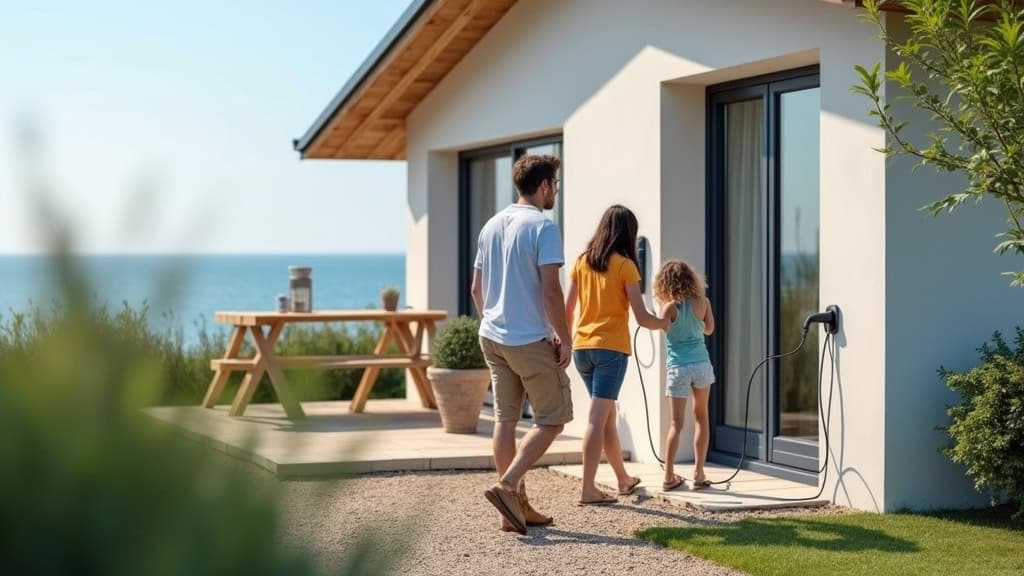 Famille utilisant une borne de recharge électrique devant leur maison à Dives-sur-Mer